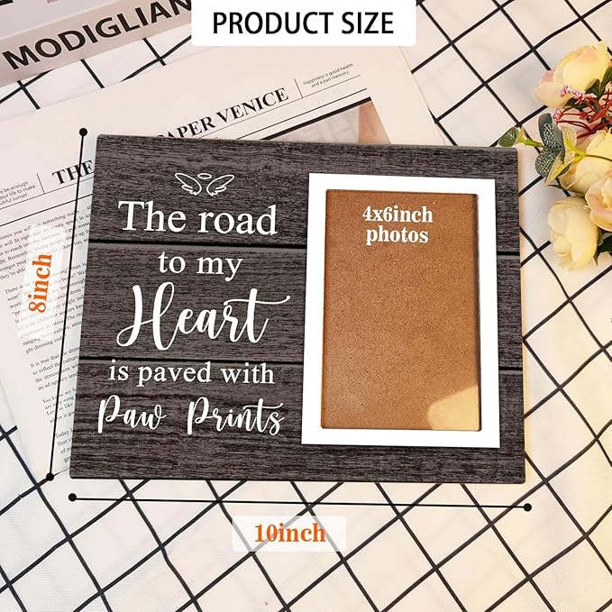 Pet Picture Frame, Pet Wooden Photo Frames Gift, Gifts for Dog Dad Mom, Dog Lovers Gift, Picture Frame for Dogs Cat Pets that Passed, The Road To My Heart Is Paved With Paw Prints, 4x6Inch Photo