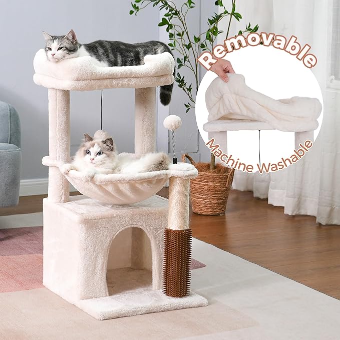 Cat Tree 32 Inches Small Cat Tree for Large Cats Adult Cat Tower with Scratching Post,15.7”Large Hammock and Self Groomer, and Removable Top Perch and Wide Condo for Indoor Cats-Beige