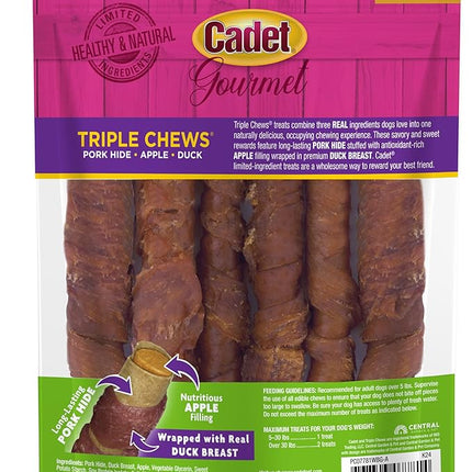 Cadet Gourmet Triple Chews Long-Lasting Pork Hide Sticks with Apple and Duck, Healthy Dog Treats for Small & Large Dogs, 6 Count