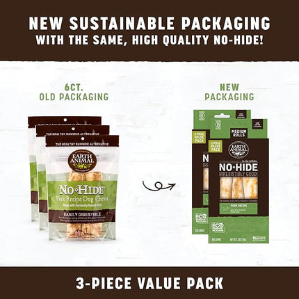 Earth Animal No Hide Chews - Long Lasting Rawhide Free Medium Dog Chews Rolls, Pork - 3 Count Value Pack