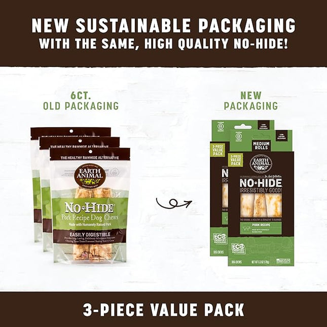 Earth Animal No Hide Chews - Long Lasting Rawhide Free Medium Dog Chews Rolls, Pork - 3 Count Value Pack