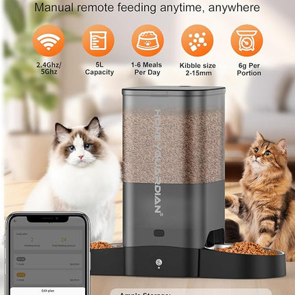 HoneyGuaridan 5L Automatic Cat Feeder for Two Cats, 5G WiFi Smart Feed Pet Feeder with Stainless Steel Bowl,APP Control Dispenser, Dual Power Supply,Desiccant Bag,10s Meal Call Black