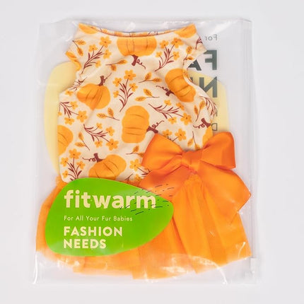 Fitwarm Pumpkin Flower Dog Dress, Thanksgiving Outfit for Small Dogs Girl, Fall Pet Outfit, Beige, Orange, XS