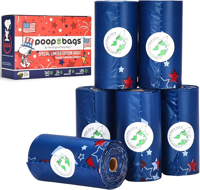 The Original Poop Bags® USDA Certified 38% Plant-Based Dog Poop Bags, Peanuts Snoopy Americana Design, Leak-Proof & Strong, Unscented, 24 Rolls (360 Bags)