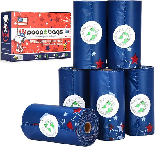 The Original Poop Bags® USDA Certified 38% Plant-Based Dog Poop Bags, Peanuts Snoopy Americana Design, Leak-Proof & Strong, Unscented, 24 Rolls (360 Bags)