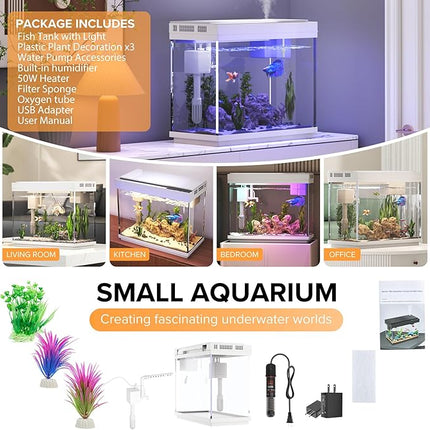 Aquarium, 2.4 Gallon Betta Fish Tank with Heater, Humidifier 3 in 1 Pump - Filteration & Oxygenation & Circulation, Temperature Display, HD Glass, Timed 7-Color Lights