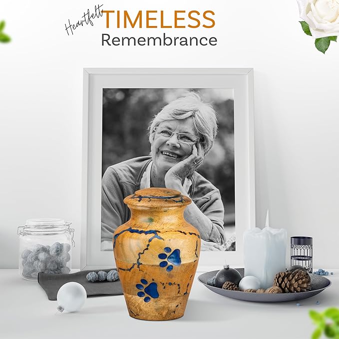 INTAJ Wooden Pet Urns for Dogs/Cats Ashes - Blue Resin Paws & Lichtenburg Design - Keepsake Cremation Urn Box, Pet Memorial Wooden Urns for Ashes, Small to Large Sizes (Classic, Small)