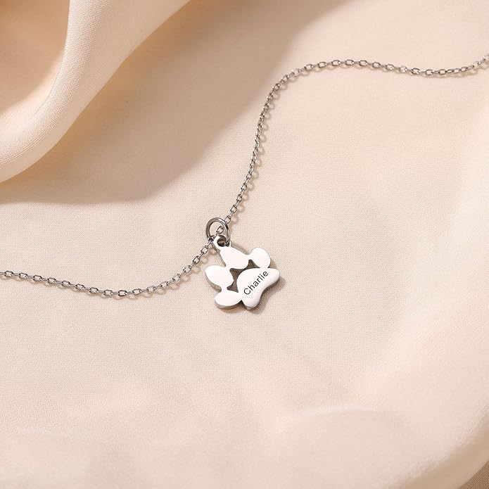 MeMeDIY Personalized Paw Print Necklace for Women Engraved Name Dog Paw Necklace Stainless Steel/925 Sterling Silver Paw Necklace Pet Memorial Necklace 1-4 Cat Paw Print Necklace
