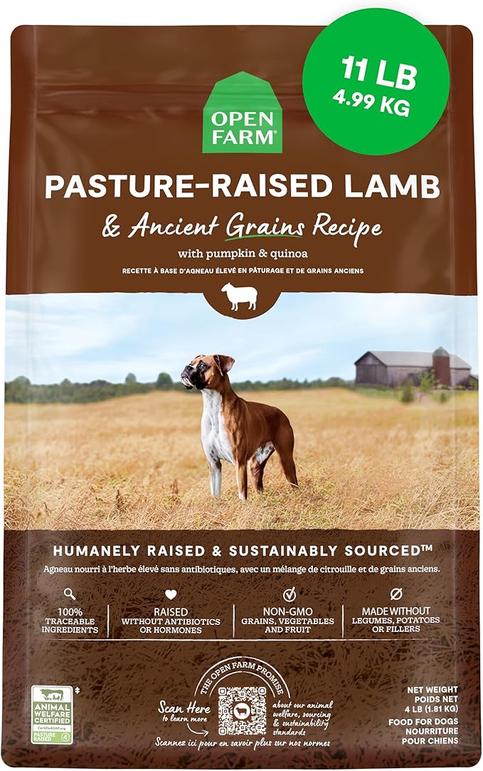 Open Farm, Ancient Grains Dry Dog Food, Protein-Rich & Nutrient Dense, 90% Animal Protein Mixed with Non-GMO Fruits, Veggies and Superfoods, Pasture Raised Lamb Recipe, 11lb Bag