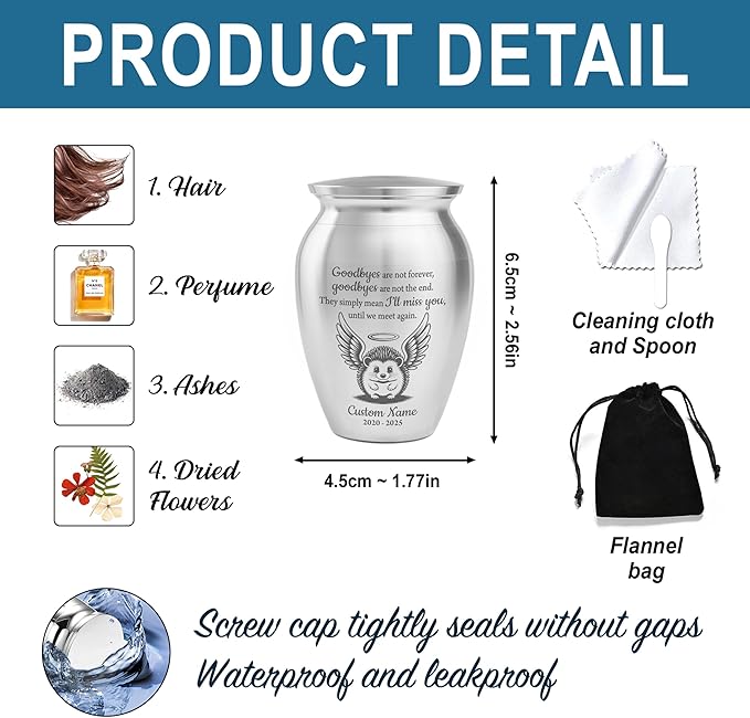 Artsy Woodsy Personalized Hedgehog Pet Memorial Cremation Mini Urn, Decorative Keepsake Small Urns for Ashes 2.56 inch, Remembrance Gifts for Pet Lovers in Loving Memory (07, 2.56x1.77)