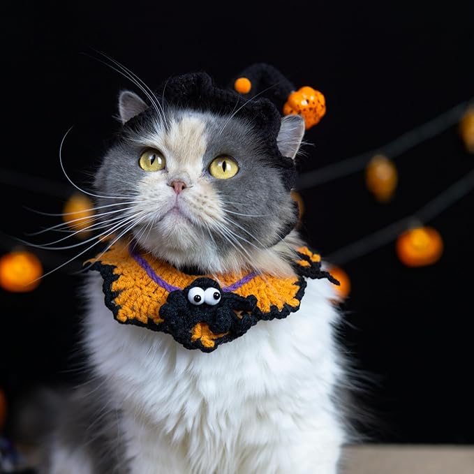 Hand-Knit Halloween Pet Costume-Spider & Black Witch Hat for Cats and Small Sized Dogs,Festive Halloween-Themed Cat Apparel,Comfortable and Breathable Dog Halloween Outfits,Cat Witch Costume