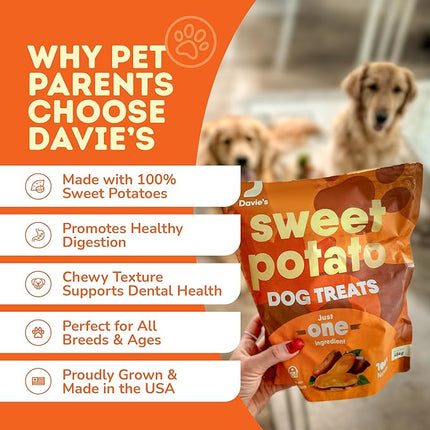 Davie's Sweet Potato Dog Treats - Healthy, Natural Dog Chews, Low Fat, 1 lb. Bag
