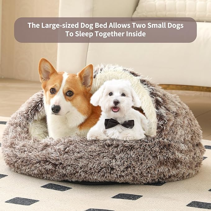 Dog Bed Round Hooded Plush Cat Cave Self Warming Pet Bed Donut Anti Anxiety Fluffy Pet Bed for Puppy and Kitty