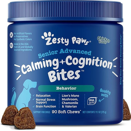 Zesty Paws Senior Advanced Calming & Cognition Soft Chews for Dogs - Supplements for Dog Brain Health & Nervous System Support + Calming & Relaxation -with Ashwagandha, DHA & Melatonin