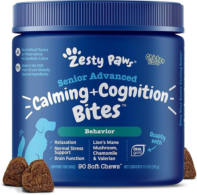 Zesty Paws Senior Advanced Calming & Cognition Soft Chews for Dogs - Supplements for Dog Brain Health & Nervous System Support + Calming & Relaxation -with Ashwagandha, DHA & Melatonin