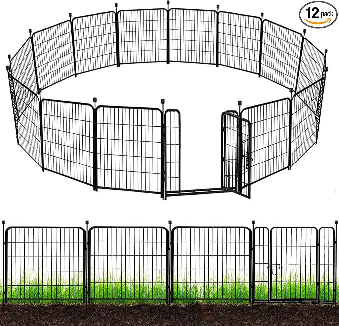 ADAVIN Tall Garden Fence 48 in(H) 12 Panels Total 26.6 FT(L), Heavy Duty Iron Metal Fence and Border, Flower Bed Fencing, outdoor Animal Barrier Fences, Dog Fences with gate for the Yard Camping,Black