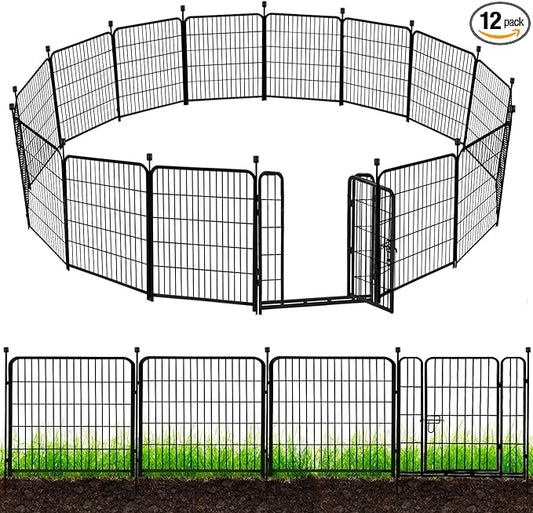 ADAVIN Tall Garden Fence 48 in(H) 12 Panels Total 26.6 FT(L), Heavy Duty Iron Metal Fence and Border, Flower Bed Fencing, outdoor Animal Barrier Fences, Dog Fences with gate for the Yard Camping,Black