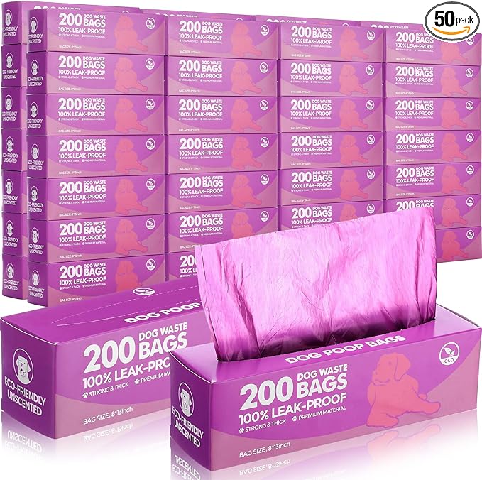 Sherr 50 Rolls Dog Waste Bags 10000 Count Dog Trash Bags Leak Proof Pet Doggie Poop Roll Waste Thick Plastic Bag for Home Park Outdoor Travel Pet Supplies (Purple)