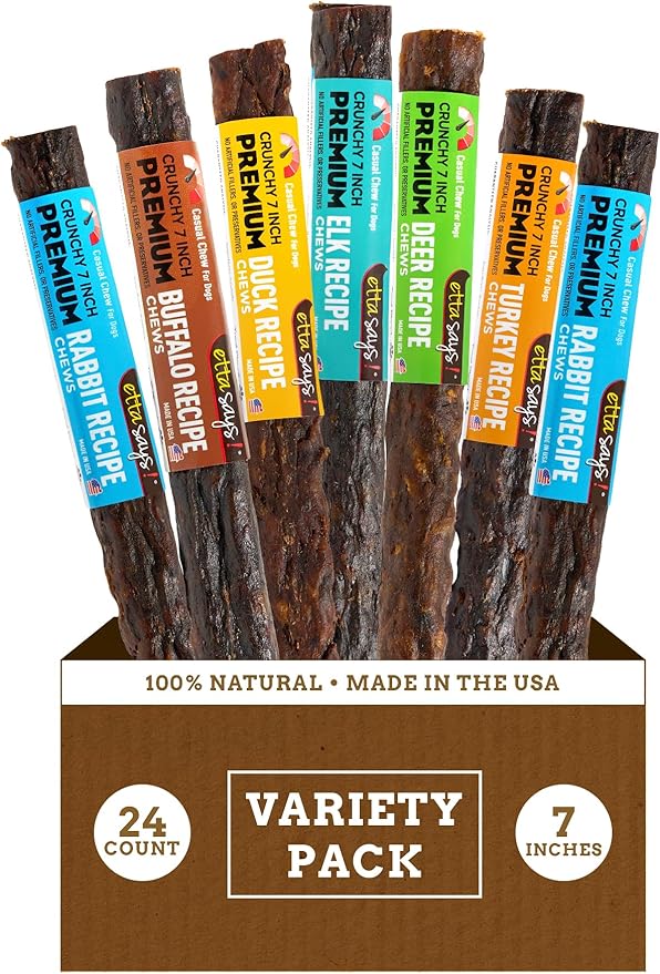etta says! Premium Crunchy Dog Chews 7” Variety Pack - Grain-Free Dog Treats, Good for Teeth, Easy to Digest - Made in The USA (24 Count Pack of 1)