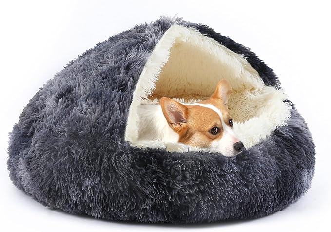 Dog Bed Round Hooded Plush Cat Cave Self Warming Pet Bed Donut Anti Anxiety Fluffy Pet Bed for Puppy and Kitty