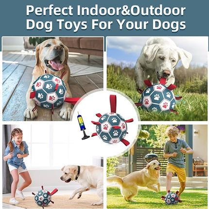 QDAN Extra Large Soccer Ball with Straps, Interactive Dog Toys for Tug of War, Puppy Birthday & Water Toy, Large Dog Balls - Blue & Red (9 Inch)