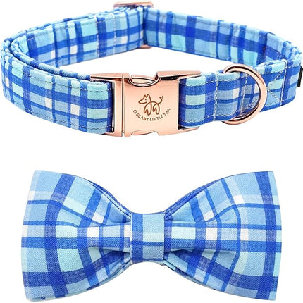 Elegant Little Tail Blue Plaid Dog Collar Bow with Metal Buckle - Soft, Adjustable for X-Small Dogs