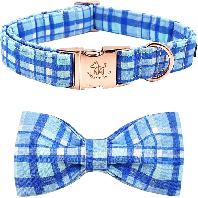 Elegant Little Tail Blue Plaid Dog Collar with Soft Adjustable Bow and Metal Buckle for Small Dogs