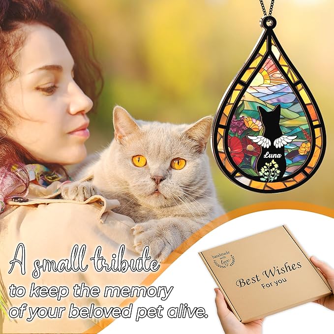 Personalized Angel Cat Memorial Suncatcher, Dog Cat Suncatcher Remembrance Gift, Engraved Pet Memorial Ornament, Pet Sympathy Keychain, Loss of Animal Sympathy Card, Rainbow Bridge Pet Loss Gift