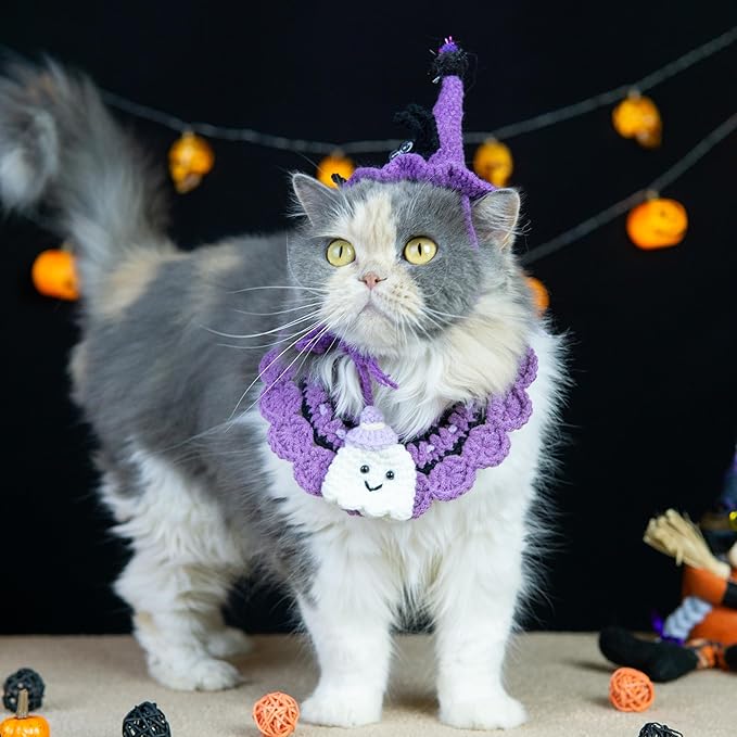 Halloween Cat Costume & Dog Outfit – Handmade Purple Witch Hat & Cute Ghost Cat Clothes, Adjustable Pet Outfit for Cats &Small Dogs, Lightweight & Breathable, Festive Pet Accessories