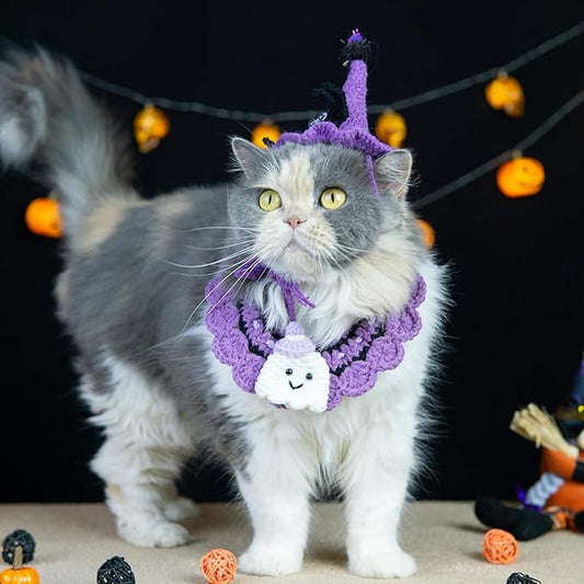 Halloween Cat Costume & Dog Outfit – Handmade Purple Witch Hat & Cute Ghost Cat Clothes, Adjustable Pet Outfit for Cats &Small Dogs, Lightweight & Breathable, Festive Pet Accessories