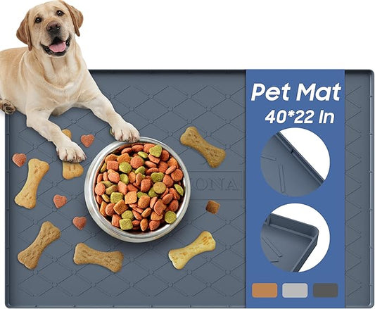 URMONA Large Dog Food Mat, 40" x 22" Waterproof Dog Cat Mat with Raised Edges, Silicone Pet Mat, Protects Floors, Easy to Clean