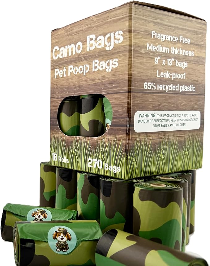 Pet poop bags with a camouflage pattern. Dog poop bags rolls for dog walking, dog parks, and the yard.