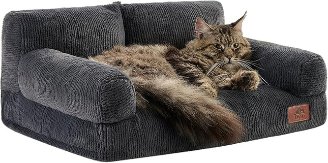 Hollypet Fluffy Plush Pet Cat Couch Soft Calming Pet Sofa Beds for Medium Small Cats and Dogs, Dark Charcoal Gray