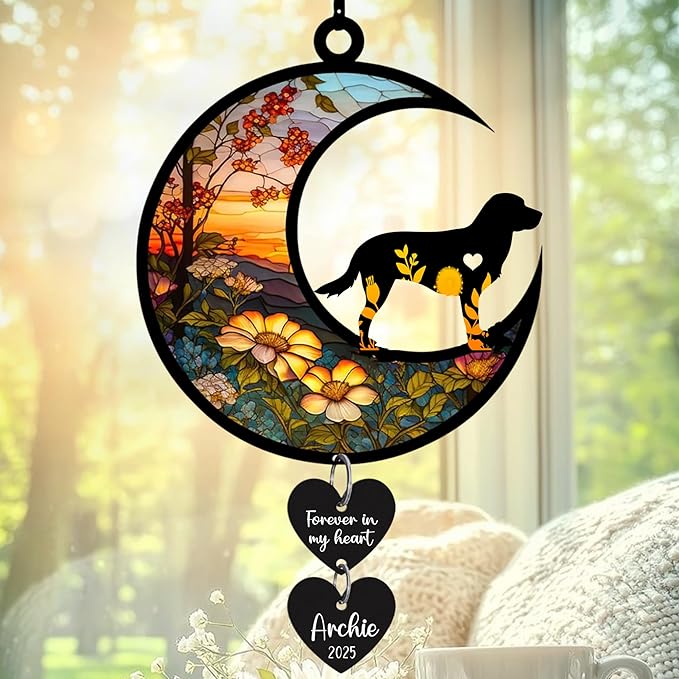 LOVELYPOD Personalized Dog Memorial Suncatcher Window, Pet Loss Sympathy Gift, Custom Fur Memorial Gifts for Loss of Pet, Dog Remembrance Stained Glass, Hanging Garden Decor with Moon