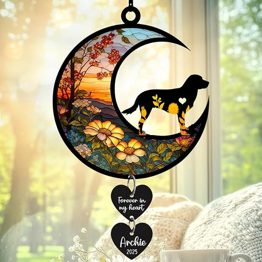 LOVELYPOD Personalized Dog Memorial Suncatcher Window, Pet Loss Sympathy Gift, Custom Fur Memorial Gifts for Loss of Pet, Dog Remembrance Stained Glass, Hanging Garden Decor with Moon