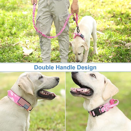 Hotsky Tactical Dog Collar and Leash Set, Heavy Duty Military Airtag Dog Collar with Handle and Metal Buckle for Training and Walking, with Airtag Holder and Two Patches (Pink Camo, M)