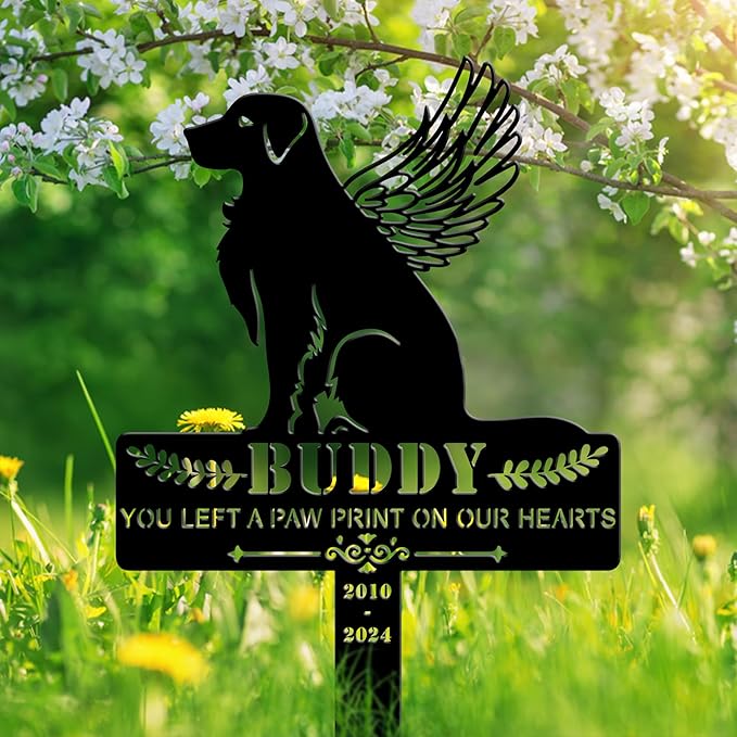 Personalized Dog Memorial Grave Marker, Custom Pet's Name Cemetery Decorations for Funerary, Metal Dog Burial Garden Stake, Outdoor Sympathy Angel Handstone Stake Plaque Gift for Loss