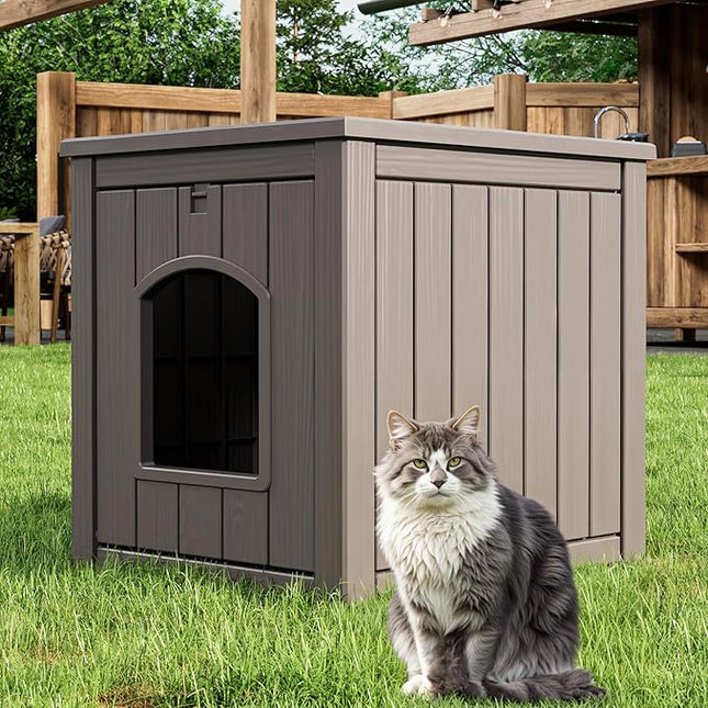 LHBcraft Outdoor Cat House Weatherproof Insulated for Winter Outside, Feral Cat Houses for Outdoor Indoor Cats Shelter, Durable Resin Shelter for Garden, Patio, Easy to Assemble Grey