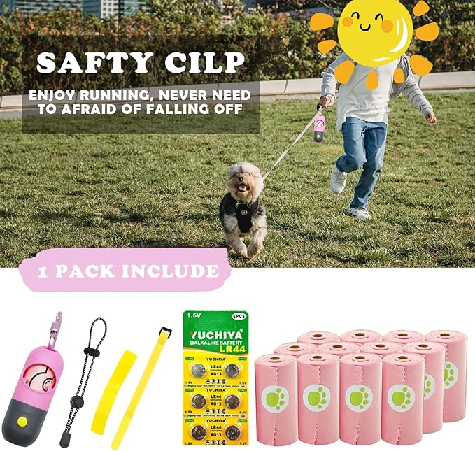 Dog Poop Bags Holder with LED Flashlight|Pet Waste Bags Dispenser for Leash|Doggie Potty Bags Container with Leak-proof Pet Trash Bags and Accessories (1 Holder 195 Bags, Pink)