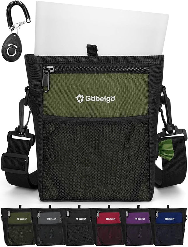 Gobeigo Dog Treat Pouch with Silicone Snack Bag, Front Pocket fits All Phones, 4 Cup Treat Bag with Training Clicker, Upgrade Stronger Magnetic Closure, 3 Ways to Wear Walking Fanny Pack (Army Green)
