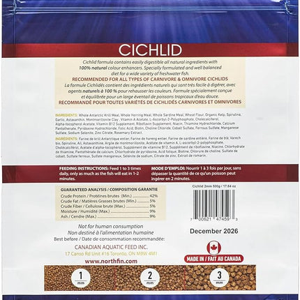 Northfin Cichlid Formula Fish Food – Slow Sinking Pellets for Cichlids (1mm, 500g) | Premium High-Protein, All-Natural Cichlid Diet to Enhance Color & Growth – No Fillers, No Hormones, Made in Canada