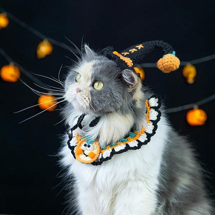 Halloween Dog Costume – Handmade Black Witch Hat & Cute Pumpkin Bandana, Adjustable Cat Outfit for Cats & Small Dogs, Lightweight & Breathable, Festive Pet Accessories