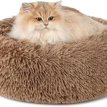 Dog Calming Beds for Small Medium Large Dogs - Round Donut Washable Puppy Dog Bed, Anti-Slip Faux Fur Fluffy Donut Cuddle Anxiety Cat Pet Bed(16'' Khaki