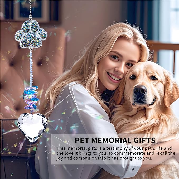 Dog Memorial Gifts,Pet Memorial Suncatcher with 7-Colorful Beads Paw Bracelet,Pet Loss,Pet Sympathy,Thoughtful Dogs and Cats Remembrance,Lost of Pet Bereavement Gifts,Crystal Heart Sun Catcher