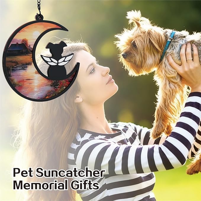 DIY Angel Dog Memorial Suncatcher with Sympathy Card, Engraved Pet Memorial Ornament, Dog Death Sympathy Gifts, Personalized Pet Memorial Gifts - Countryside Sunset