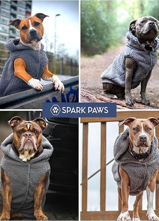 Spark Paws Fleece Dog Jacket, Hooded Sweater Vest, Warm Coat for Winter - Suitable for Small Medium Large XL XXL Breeds - Grey - L