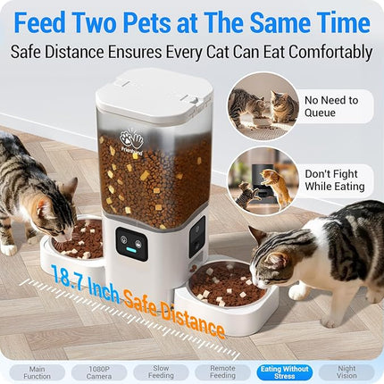 Automatic Cat Feeder with Two 1080P Camera for 2 Cats: 7L Automatic Dog Feeder with Night Vision & Slow Feed, 5G WiFi Auto Cat Food Dispenser for Multiple Pet,Detachable for Clean(ACF180W-C)