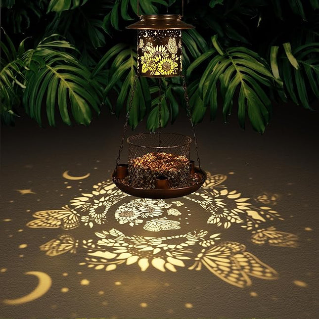 Butterfly Solar Bird Feeder for Outdoor Hanging Gifts for Women Mom Sunflower Metal Wild Birdfeeder Garden Lantern Decor Lanterns Outside for Yard Patio Lawn Pathway Landscape