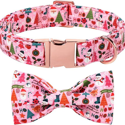 Lionet Paws Christmas Dog Collar with Bow tie,Cute Ho Christmas Tree Snowman Pink Dog Collar Bow Tie for Dogs and Cats Female, XS, Neck 8-12 inches