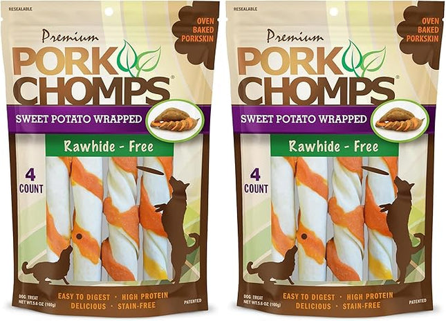 Pork Chomps Baked Pork Skin Dog Chews, 6-inch Twists, Real Sweet Potato Wrap, 4 Count (Pack of 2)